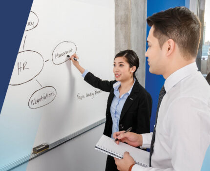 Business people standing around a white board