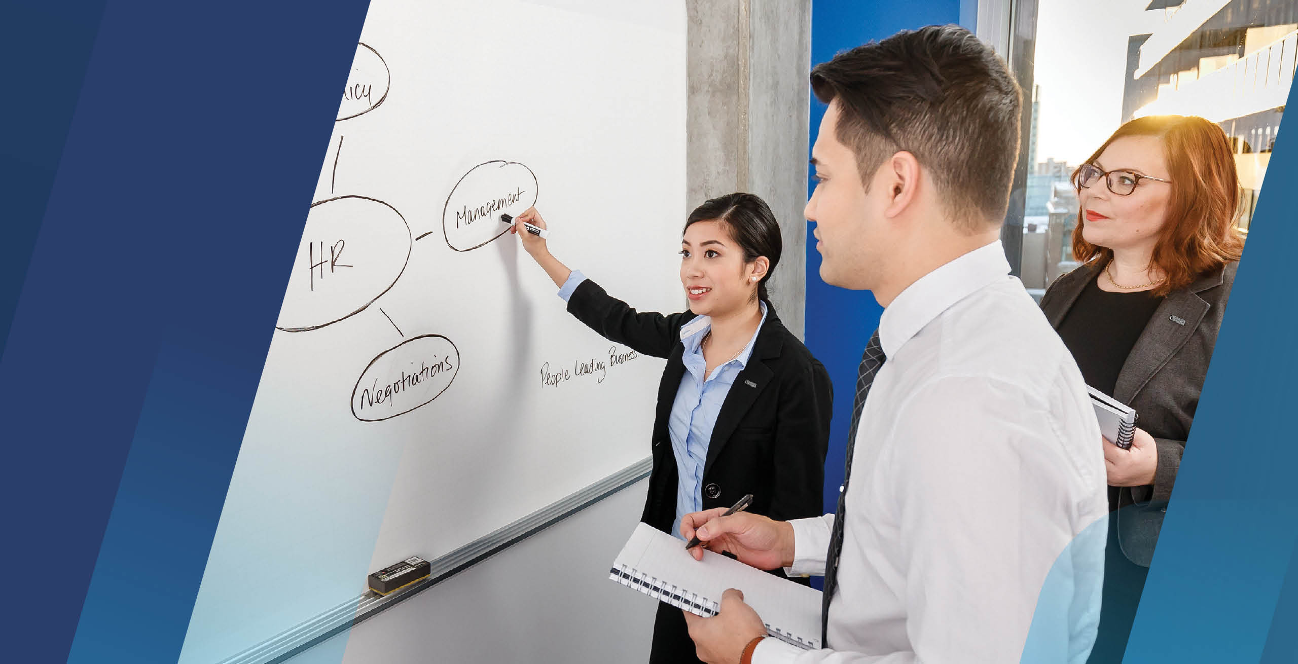 Business people standing around a white board