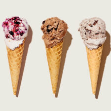 Five different flavoured ice cream cones