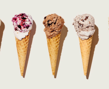 Five different flavoured ice cream cones