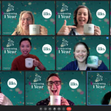 A grid of 11 faces on the iilo team in a video conference party celebration