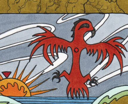 Bright red bird flying with the sun rising along the ocean horizon