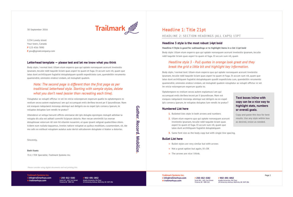 Two page Trailmark branding letter head