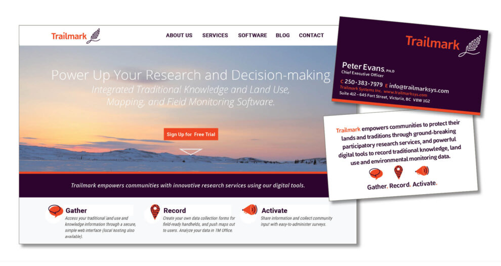 Trailmark's website home page and both sides of their business card