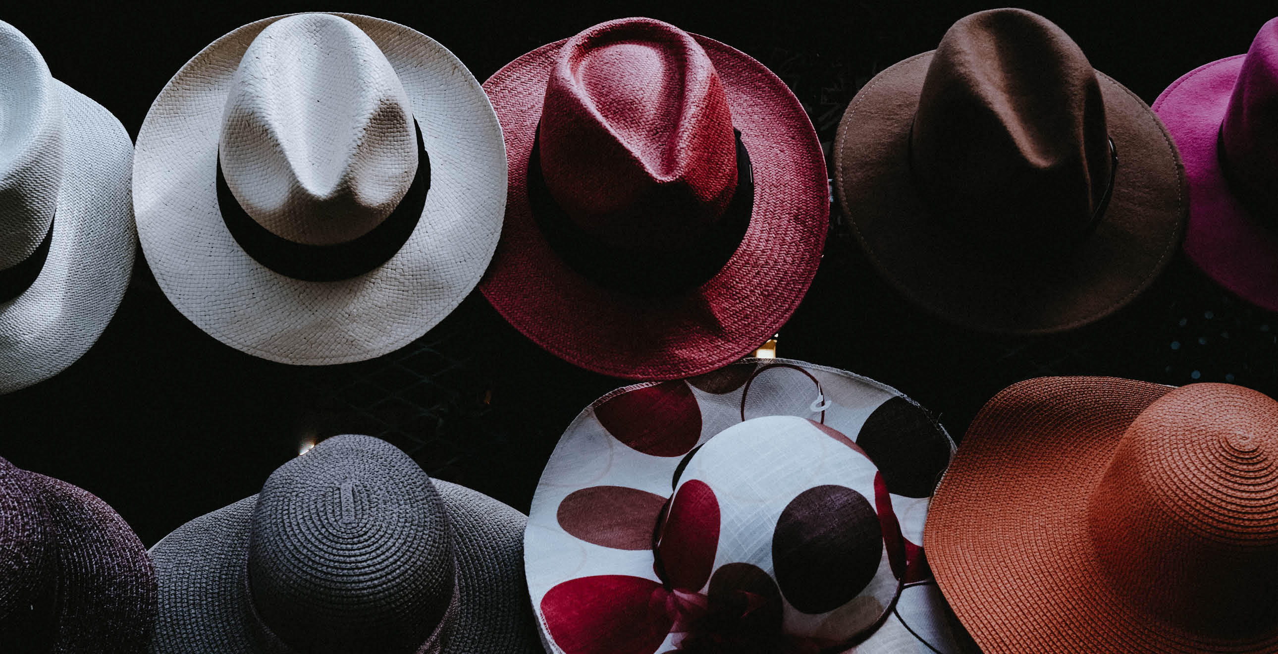 Eight different types of fedoras and sun hats