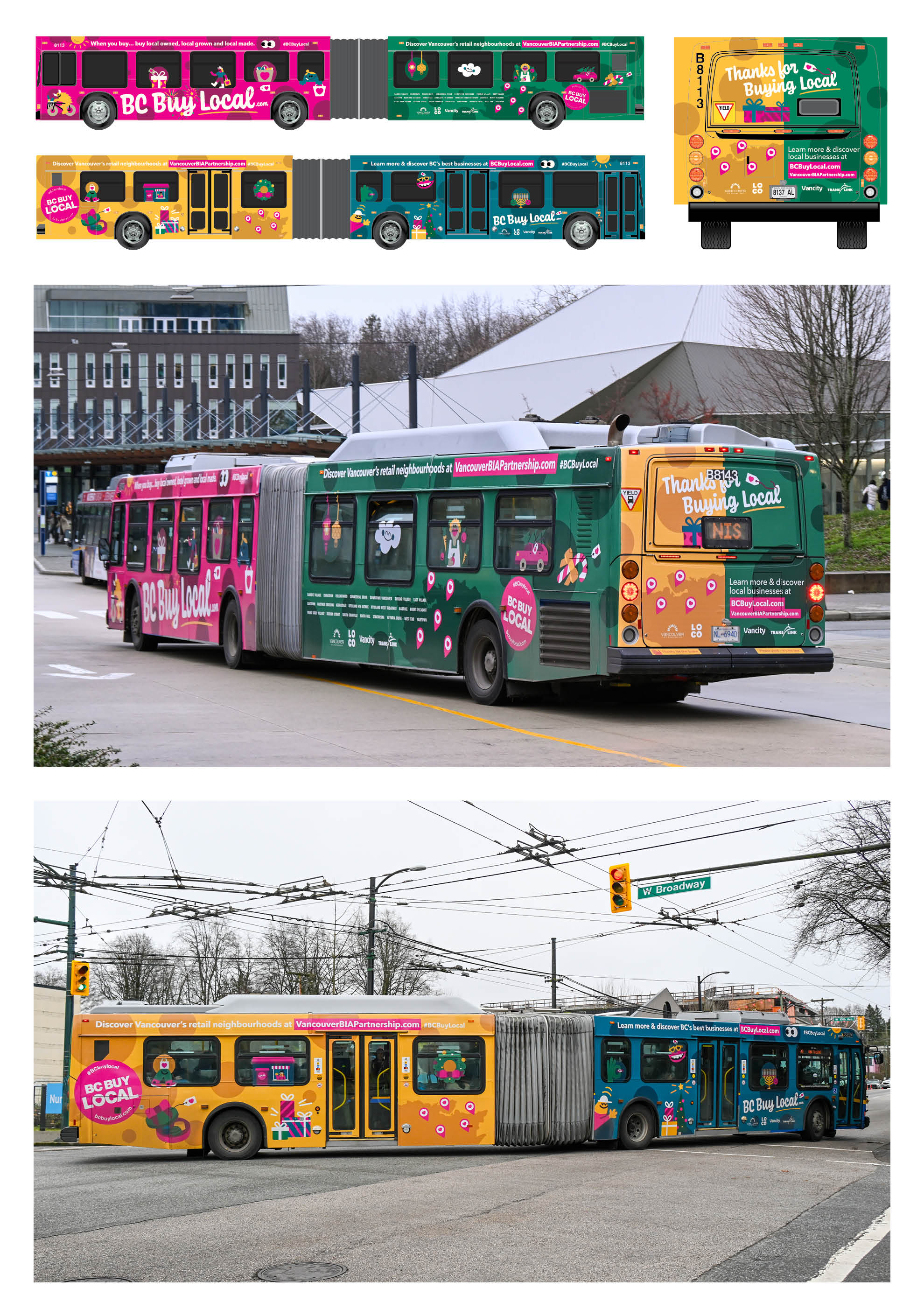 Different angles of a full bus sticker decal in real life and on a mockup